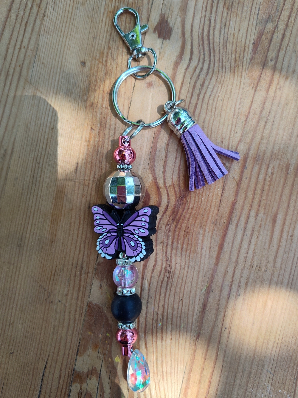 Handmade Purple Butterfly Beaded Keychain with Tassel & Crystal Teardrop Charm